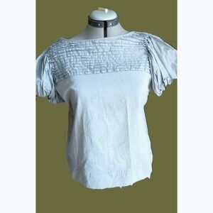 Vertigo Paris designer multi pintuck pleat puff slv elegant unique blouse M NWOT